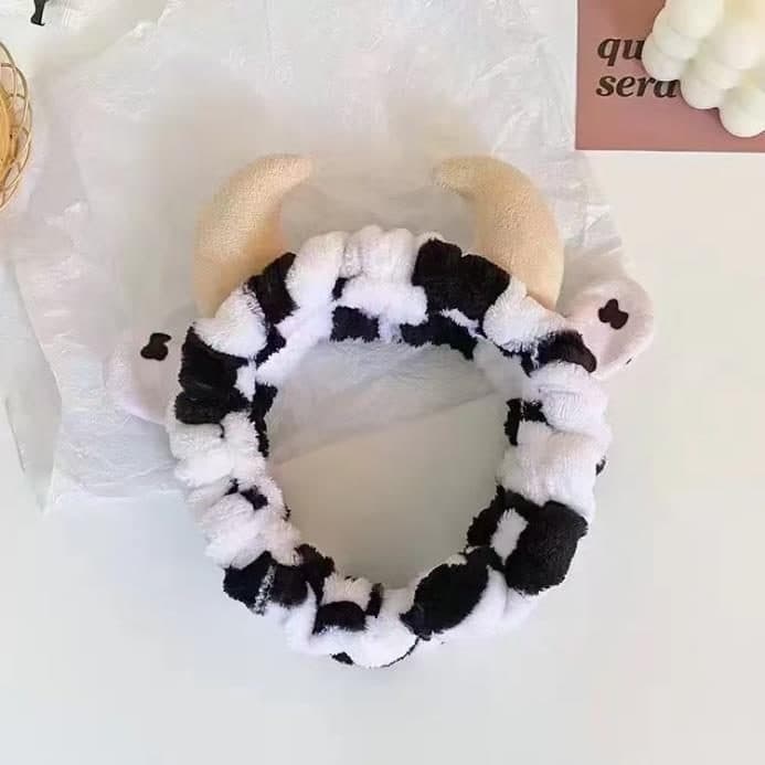 Cow Print Spa Headband with Horns, Black and White