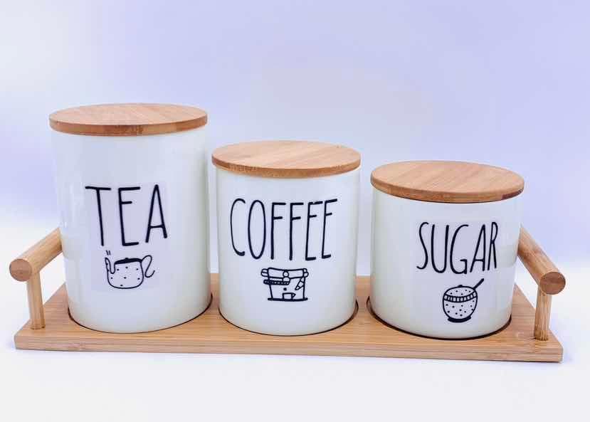 3-Piece Graduated Ceramic Tea, Coffee and Sugar Canister Set on Bamboo Tray