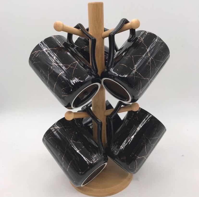 6-Piece Straight-Sided Black Marble-Effect Ceramic Mug Set on Bamboo Mug Tree