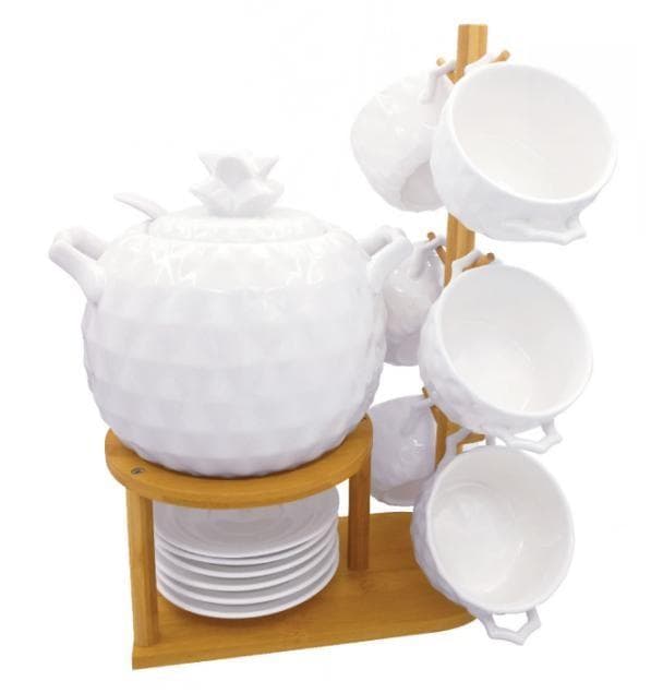 Quilted Ceramic Teapot with Cups and Plates on Bamboo Stand