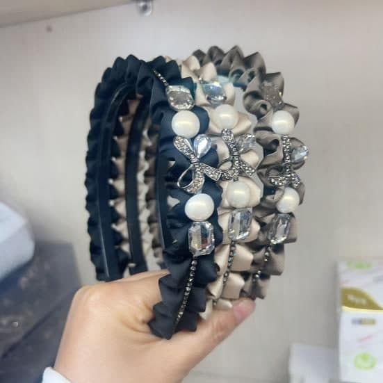 Pleated Crystal and Pearl Headband, Black and Cream
