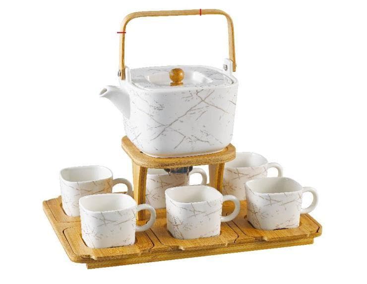 Marble-Effect Ceramic Teapot with Warmer Stand and Six Cups on Bamboo Tray
