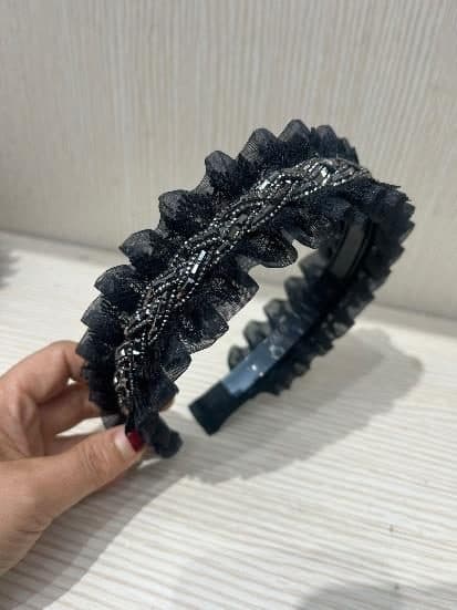 Double Ruffle Headband with Rhinestone Braid, Black and Cream