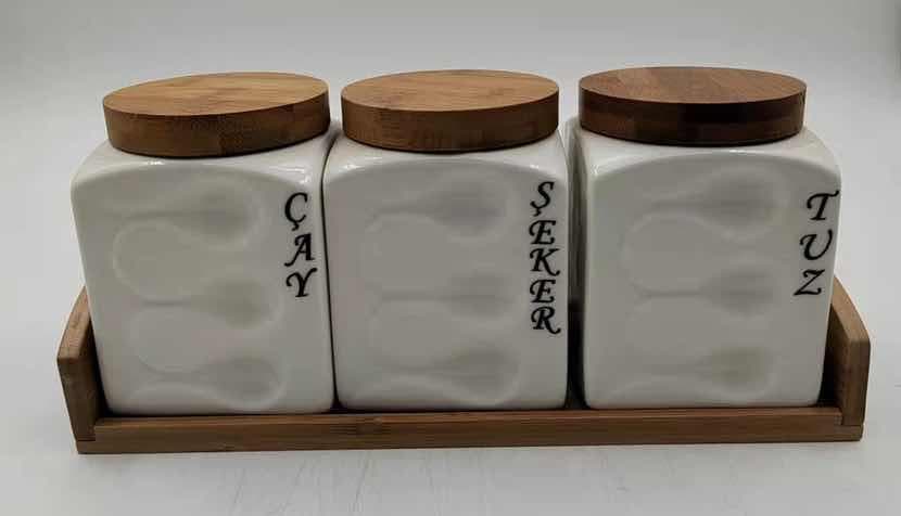 3-Piece Ceramic Canister Set with Turkish Labels and Bamboo Lids on Bamboo Tray
