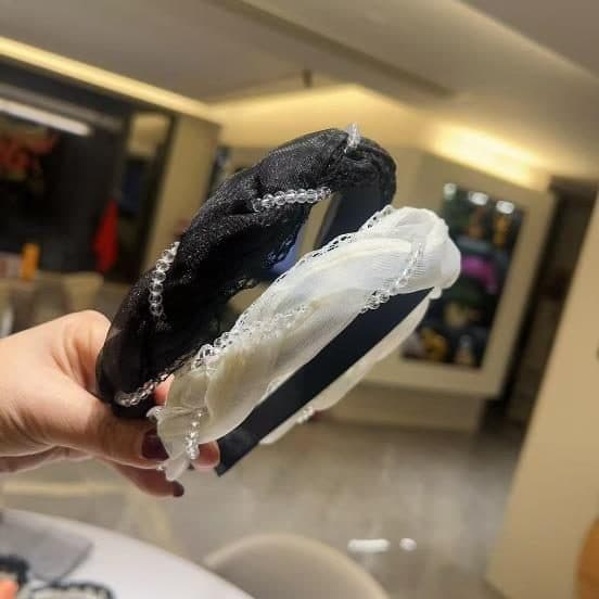 Twisted Organza Headband with Crystals, Black and Cream