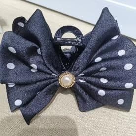 Navy Polka Dot Bow Claw Clip with Pearl, 13 cm