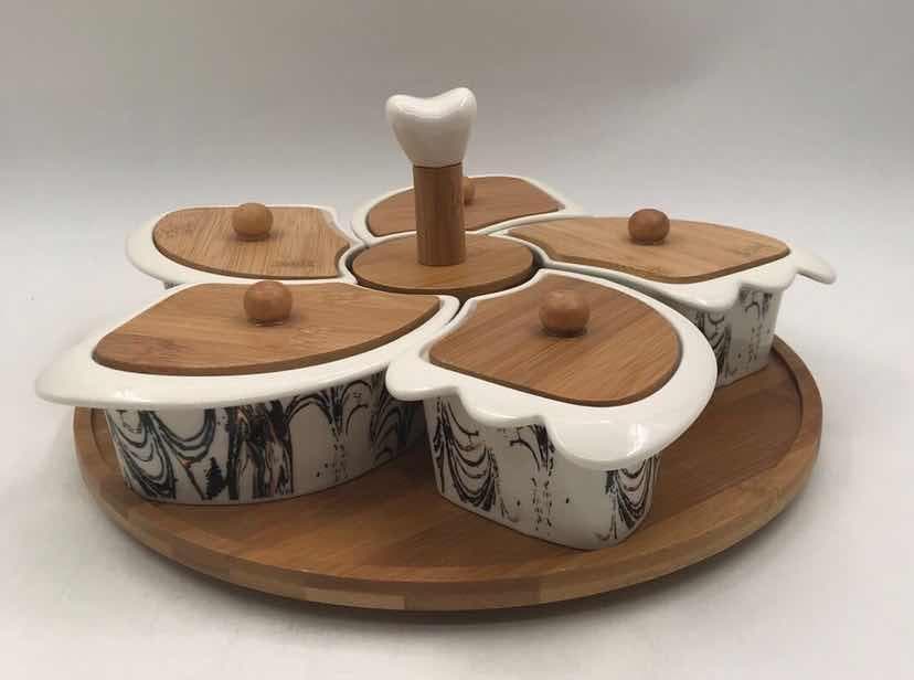 5-Piece Ink-Swirl Lidded Ceramic Dish Set on Rotating Bamboo Base with Ceramic Handle
