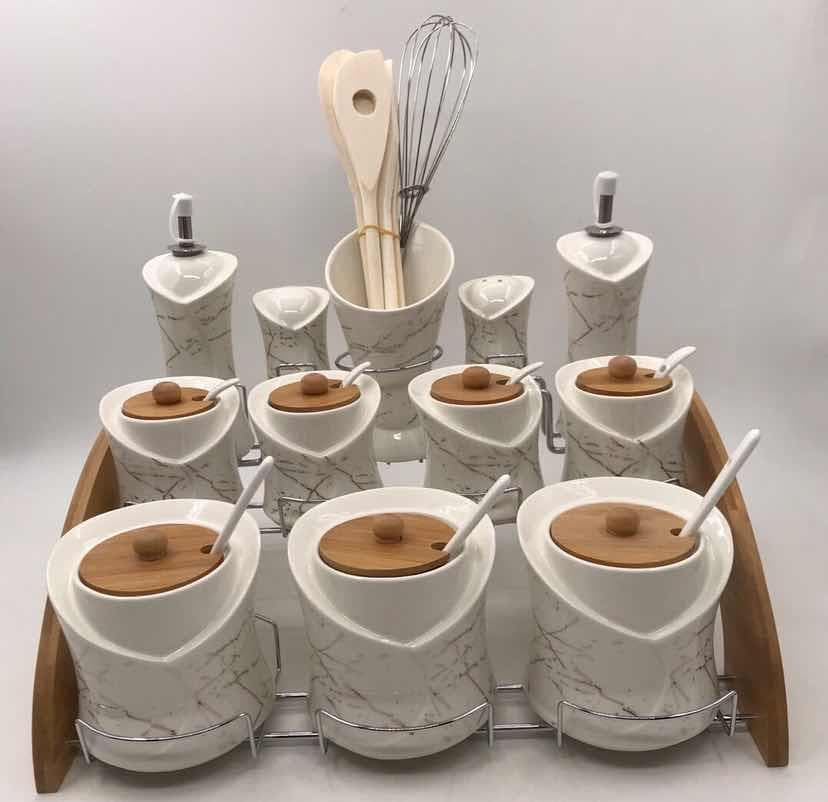 Marble-Effect Ceramic Kitchen Set with Oil Bottles, Condiment Jars and Utensil Holder on Bamboo Rack