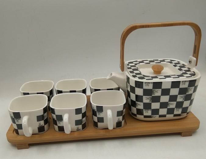 Chequerboard Square Ceramic Teapot and Cup Set on Bamboo Tray
