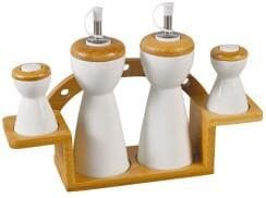 Conical Ceramic Oil and Vinegar Set with Shakers on Bamboo Stand
