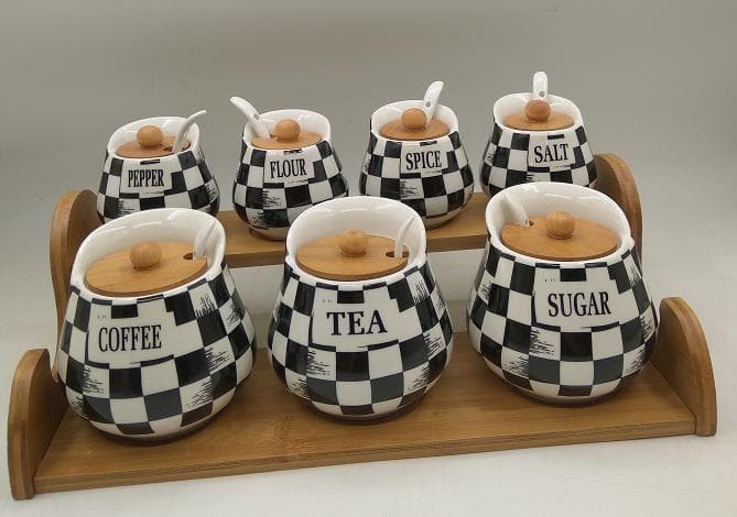 7-Piece Chequerboard Ceramic Condiment Jar Set with Spoons on Two-Tier Bamboo Stand