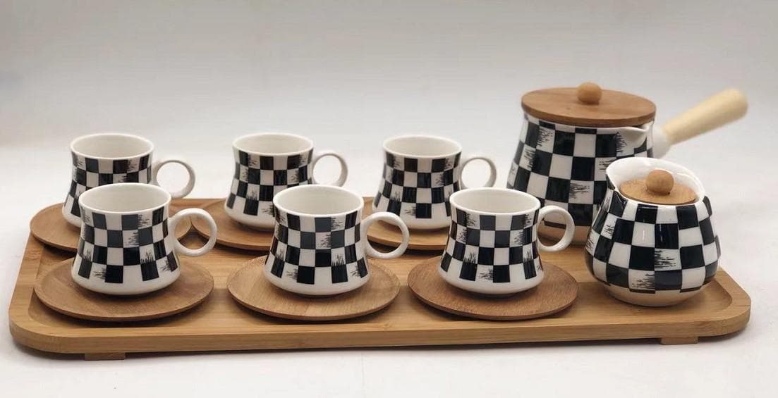 Chequerboard Ceramic Turkish Coffee Set with Six Cups and Pot on Bamboo Tray
