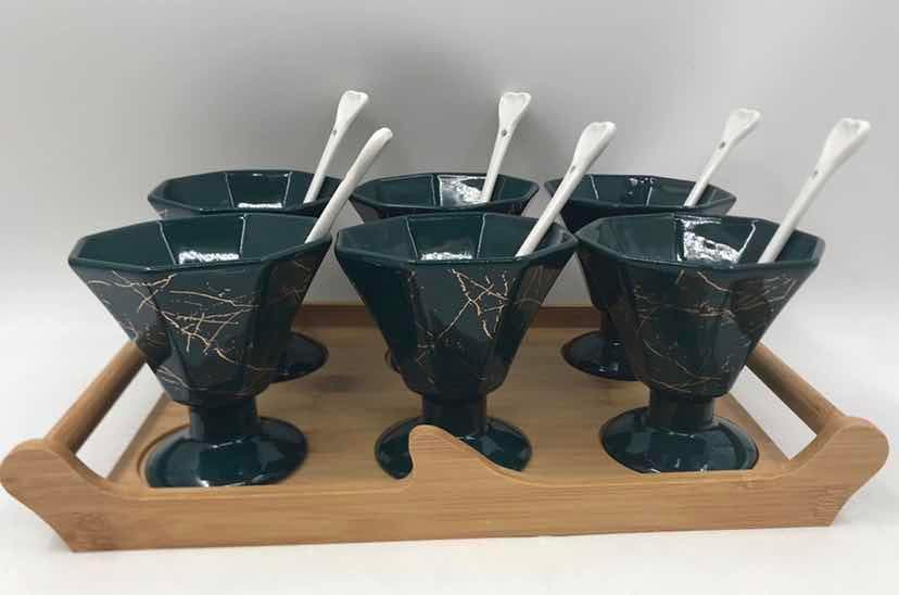 6-Piece Marble-Effect Ceramic Dessert Cup Set with Spoons on Bamboo Tray, Dark Green