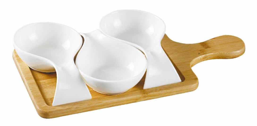 3-Piece Ceramic Dip Bowl Set on Bamboo Paddle Board