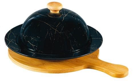 Black Marble-Effect Ceramic Dome Dish on Bamboo Paddle Board, Large