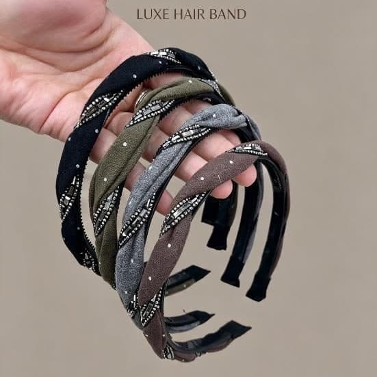 Braided Rhinestone Headband with Teeth, Olive and Grey
