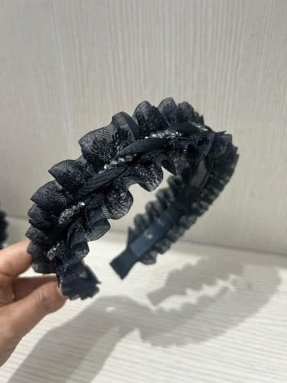 Lace Ruffle Headband with Rhinestone Braid, Black