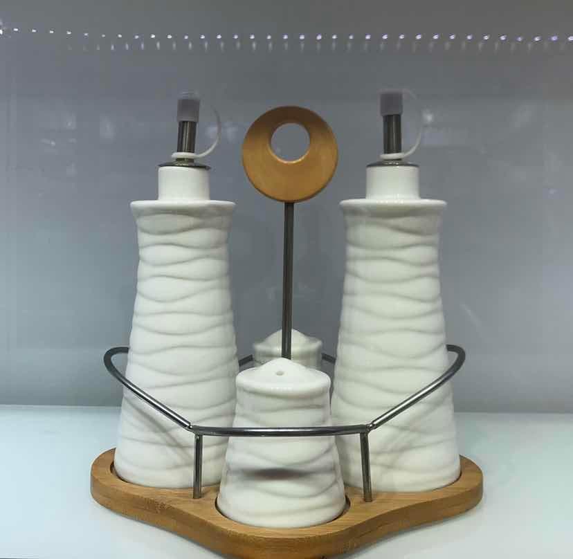 4-Piece Ribbed Ceramic Oil, Vinegar, Salt and Pepper Cruet Set on Bamboo Base