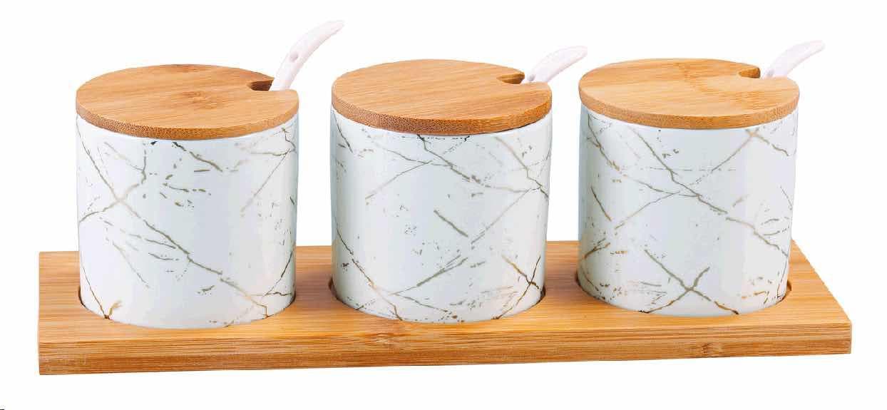 3-Piece Round Marble-Effect Ceramic Condiment Jar Set with Bamboo Lids and Spoons, White