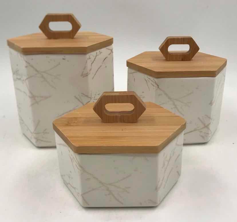 3-Piece Hexagonal Marble-Effect Ceramic Canister Set with Bamboo Lids