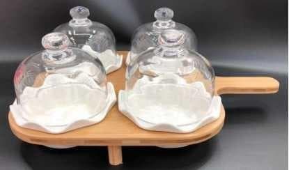 4-Piece Ceramic Dessert Dish Set with Glass Dome Covers on Bamboo Paddle Board