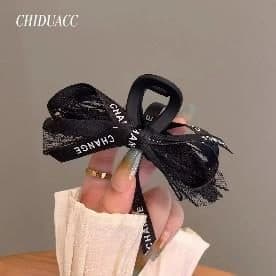 Black Lace Bow Claw Clip with Ribbon