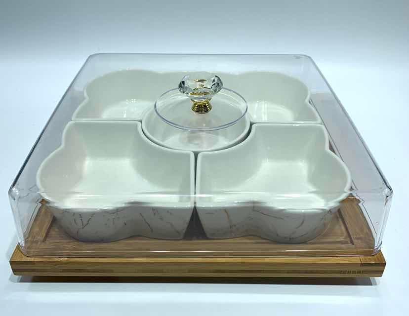 4-Section Marble-Effect Ceramic Serving Set with Acrylic Cover on Square Bamboo Base