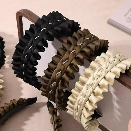 Pleated Ruffle Headband, Black, Brown and Cream
