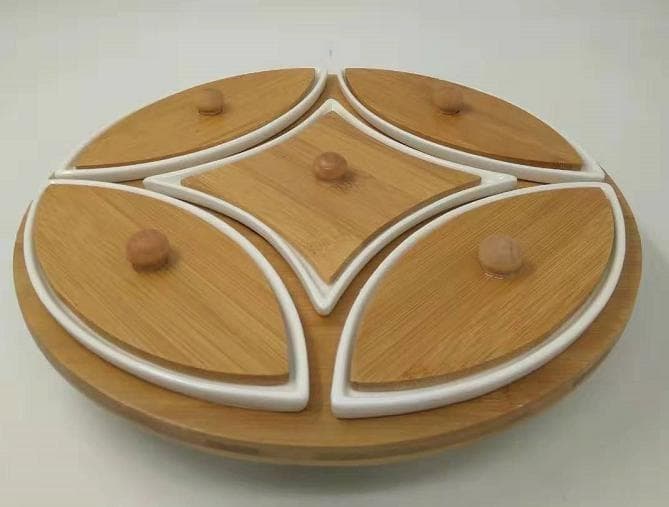 3-Section Ceramic Serving Set with Bamboo Lids on Round Bamboo Tray