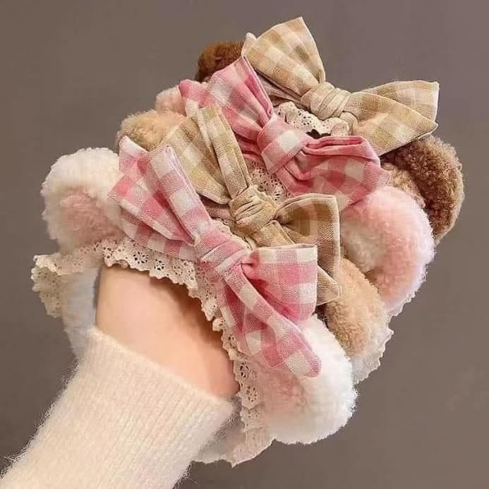 Bear Ear Headband with Gingham Bows, Pink and Brown
