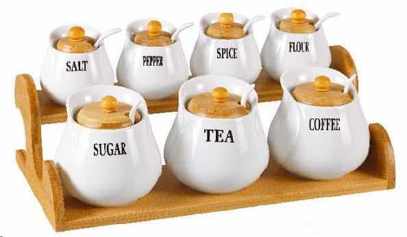 6-Piece Labelled Ceramic Spice Pot Set with Spoons on Bamboo Tray