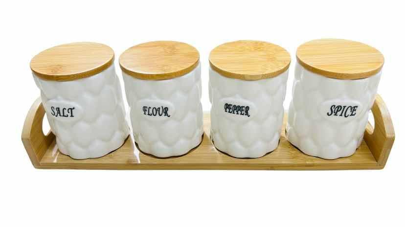 4-Piece Quilted Ceramic Spice Jar Set with Bamboo Lids on Bamboo Tray