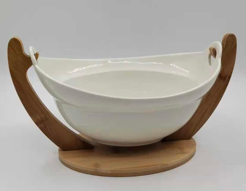 Ceramic Fruit Bowl on Curved Bamboo Cradle, Small
