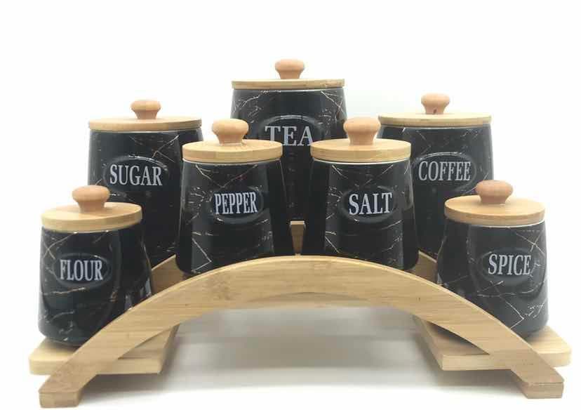 7-Piece Labelled Black Marble-Effect Ceramic Canister Set on Arched Bamboo Stand