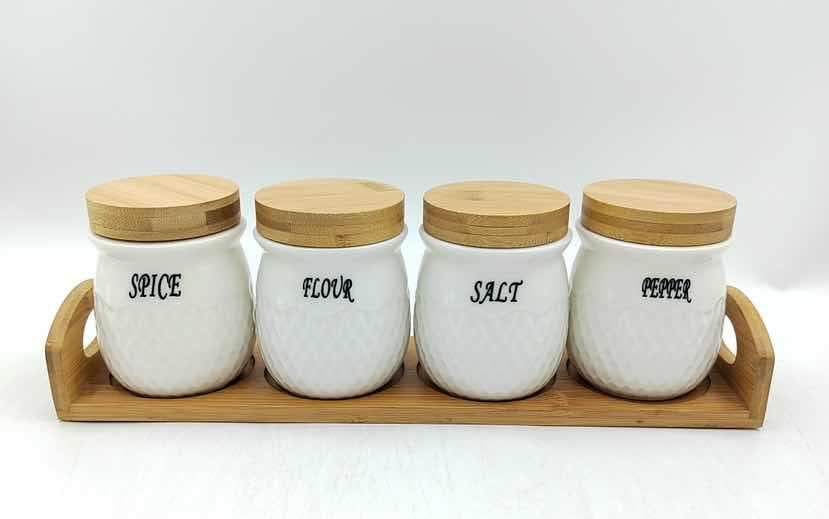 4-Piece Quilted Round Ceramic Spice Jar Set with Bamboo Lids on Bamboo Tray