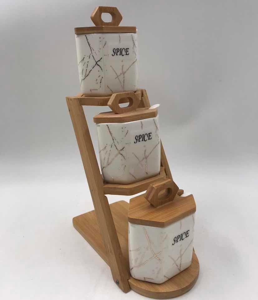 3-Piece Marble-Effect Ceramic Spice Jar Set on Stepped Bamboo Stand
