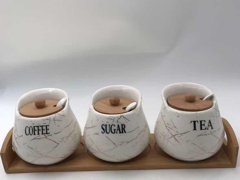 3-Piece Rounded Marble-Effect Ceramic Condiment Jar Set with Spoons on Bamboo Tray