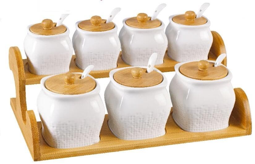 8-Piece Textured Ceramic Spice Pot Set with Bamboo Lids on Two-Tier Tray
