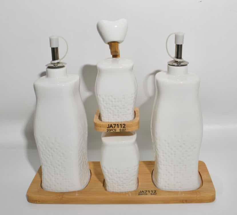 Embossed Ceramic Oil and Vinegar Set with Shakers on Bamboo Stand with Handle