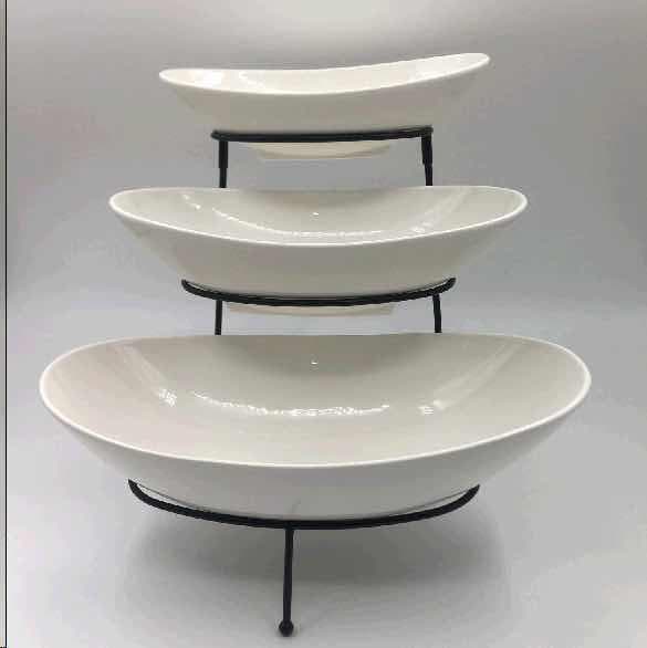3-Piece Oval Ceramic Serving Dish Set on Black Metal Stand
