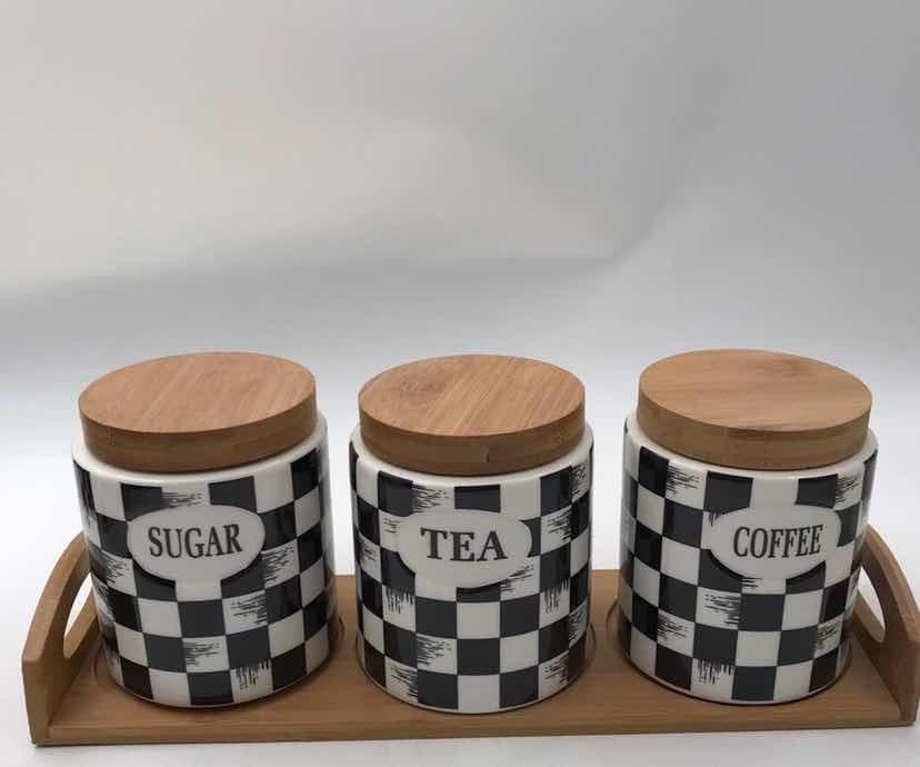 3-Piece Round Chequerboard Ceramic Canister Set with Bamboo Lids on Bamboo Tray