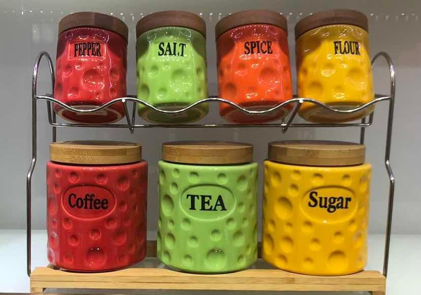 7-Piece Dimpled Coloured Ceramic Canister and Spice Set on Two-Tier Rack