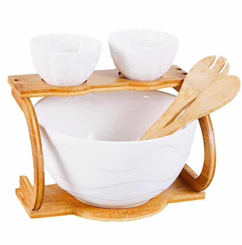 Ceramic Salad Bowl Set with 2 Small Bowls and Bamboo Servers on Stand