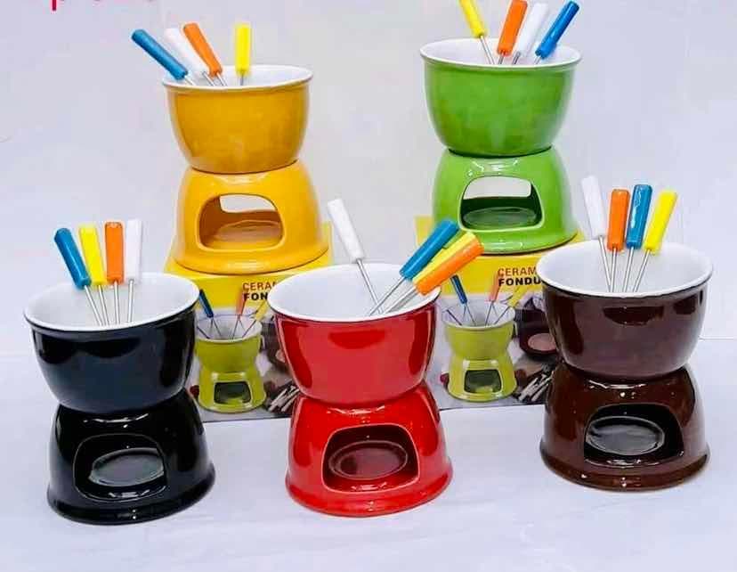 Coloured Ceramic Chocolate Fondue Set with Forks and Tealight Burner