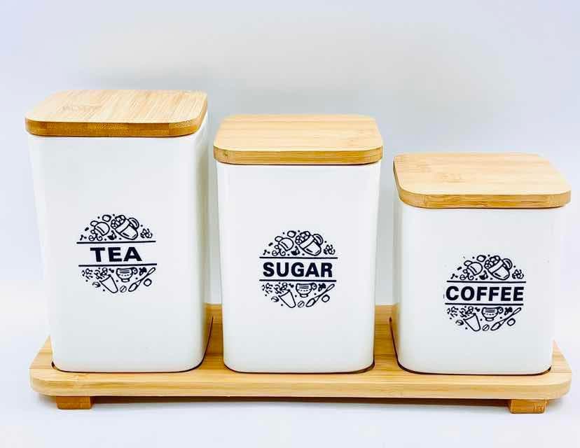 3-Piece Tea, Sugar and Coffee Square Ceramic Canister Set on Bamboo Tray