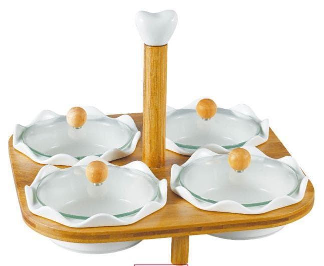 5-Piece Flower-Shaped Ceramic Dip Bowl Set on Bamboo Stand with Centre Handle