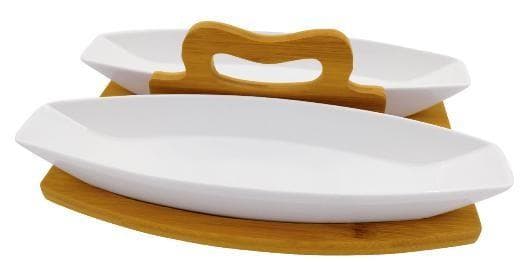 2-Piece Ceramic Serving Plate Set with Bamboo Handle Stand
