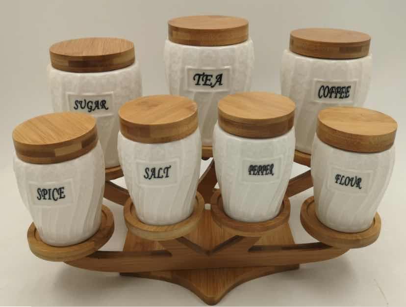 7-Piece Labelled Ribbed Ceramic Canister and Spice Set on Curved Bamboo Stand