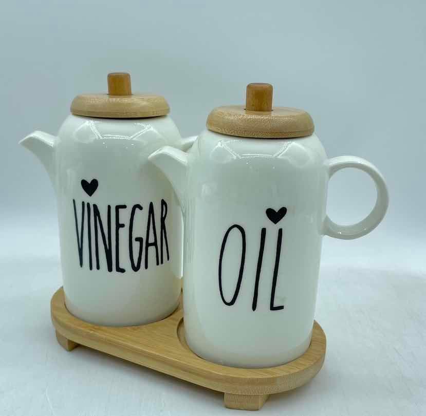Ceramic Oil and Vinegar Jug Set with Bamboo Lids on Base