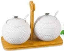 2-Piece Dimpled Ceramic Spice Jar Set with Spoons on Bamboo Tray